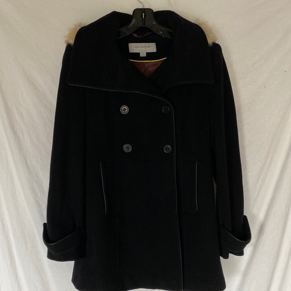 Marc New York Black Wool/Cashmere Coat with real fur trim hood